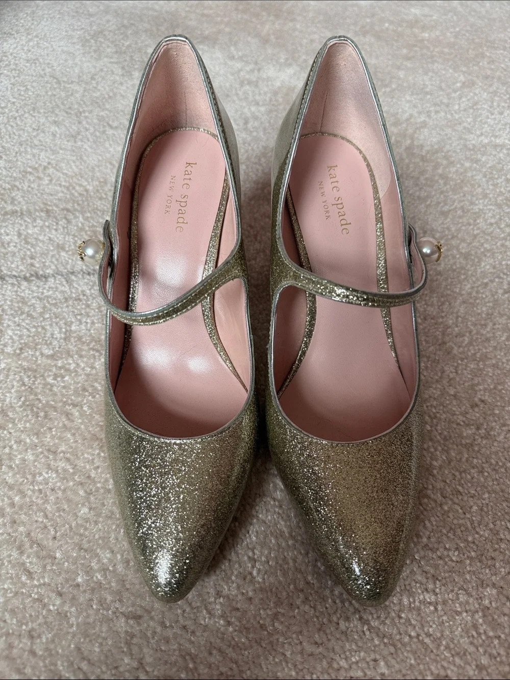 kate spade Gold Glitter Pearl Strap Mary Jane Block Heels - Picture 2 of 7